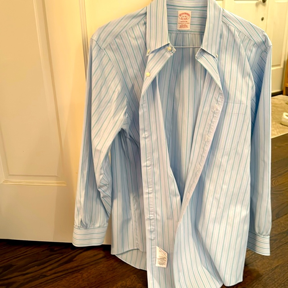 Brooks Brothers cotton button down shirt. Size 16/34. Blue/green stripes